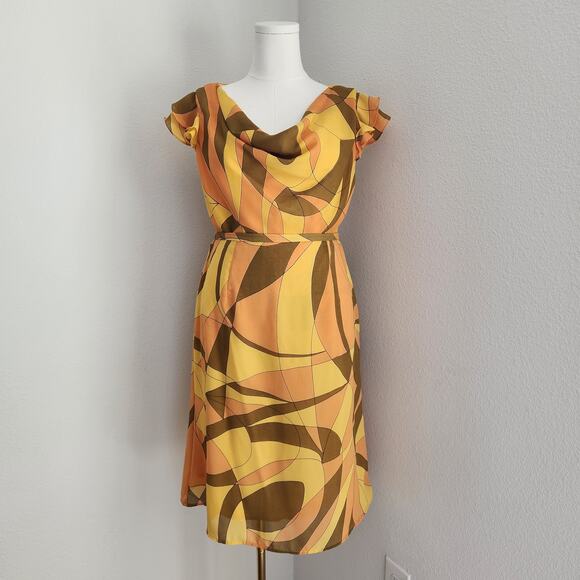 Vintage 70s Borrellini Abstract Cowl Neck Top and Skirt Set Yellow Orange M L - Picture 10 of 10